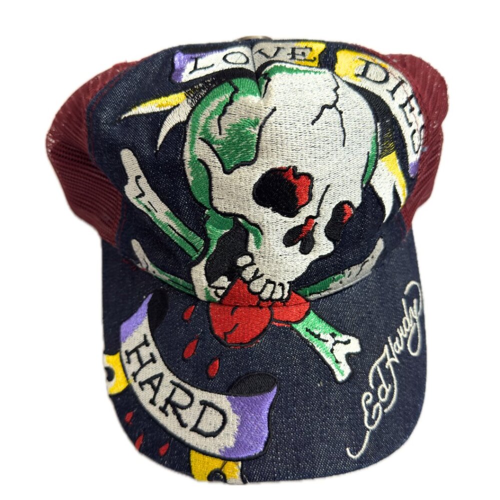 Authentic Ed Hardy "Love Dies Hard" Burgundy Mesh Snapback Trucker Hat